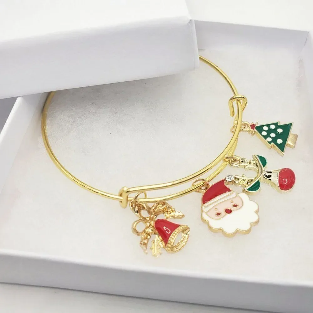 Christmas Bells Charm Bracelet, Gold Jewelry For Women, Santa Charm
